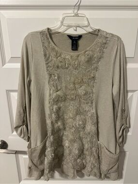 Ali Miles Taupe Floral Lace Rosette Tunic
